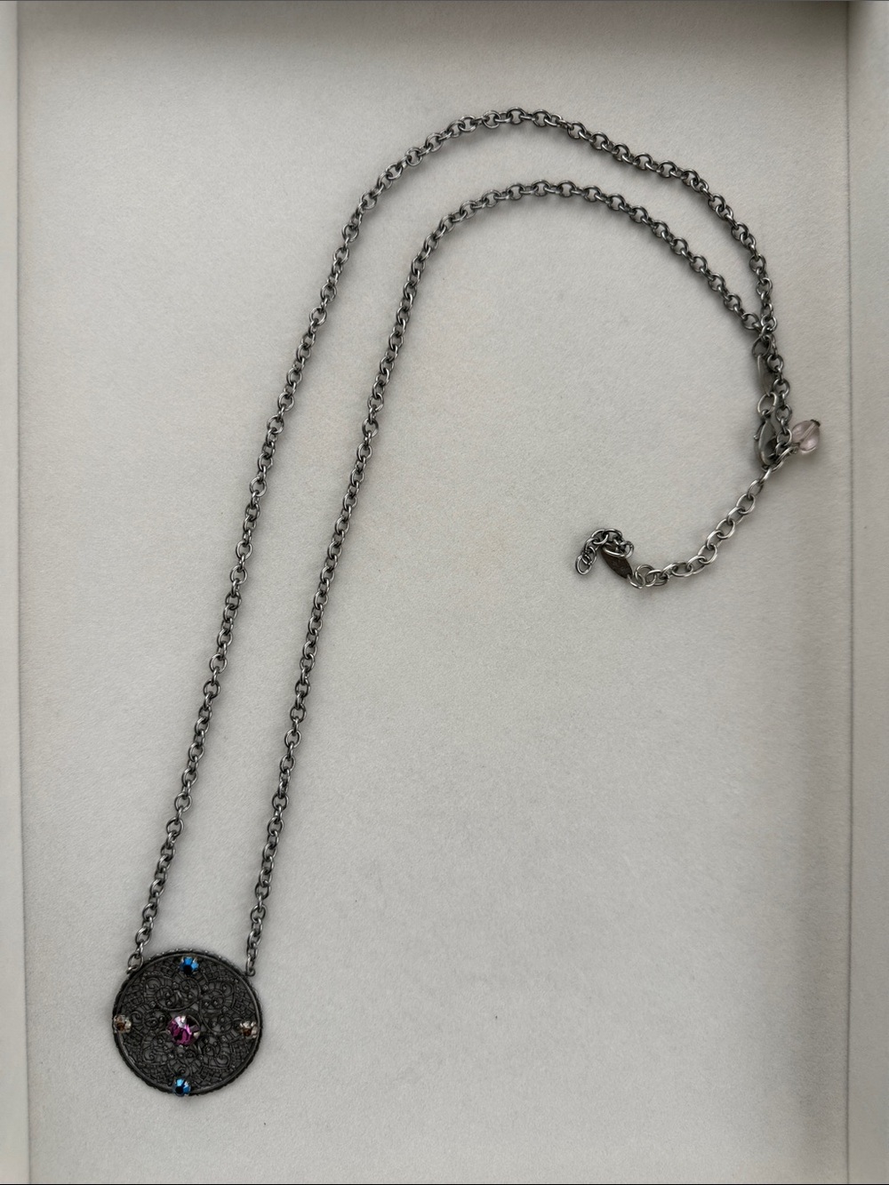 Sabika Black Round Pendant Necklace with Blue and Pink Accents